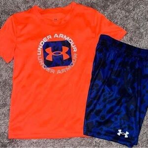 Under Armour Vibrant Orange Tee and Camo Blue Shorts